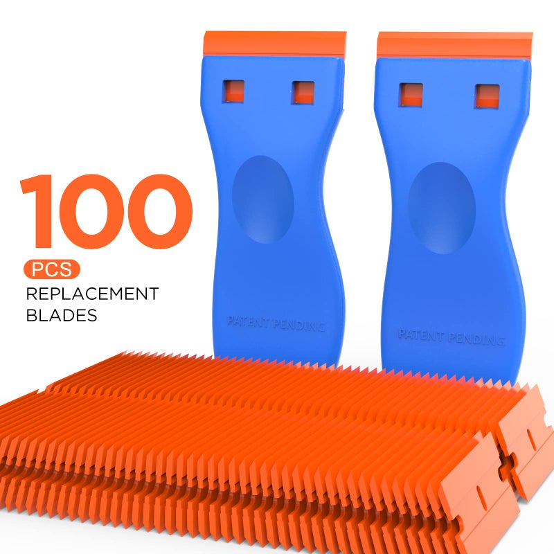 HELEMAN Plastic Razor Blades Scraper Tool - 2 Pack Wall Paint Remover with 100 Pcs Plastic Blades Kit No Scratch Car Window Glass Wood Sticker Removal Floor Stove Kitchen Vinyl Adhesive Decal Tape Cleanings - Image 4